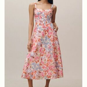 Bardot Pink Floral Maxi Dress with Blue & Coral Accents